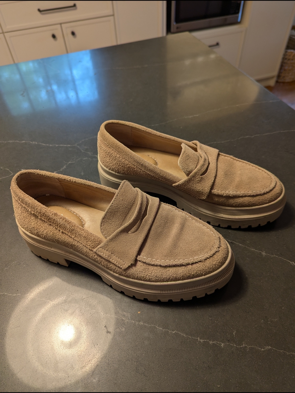 Beige Suede Platform Penny Loafers